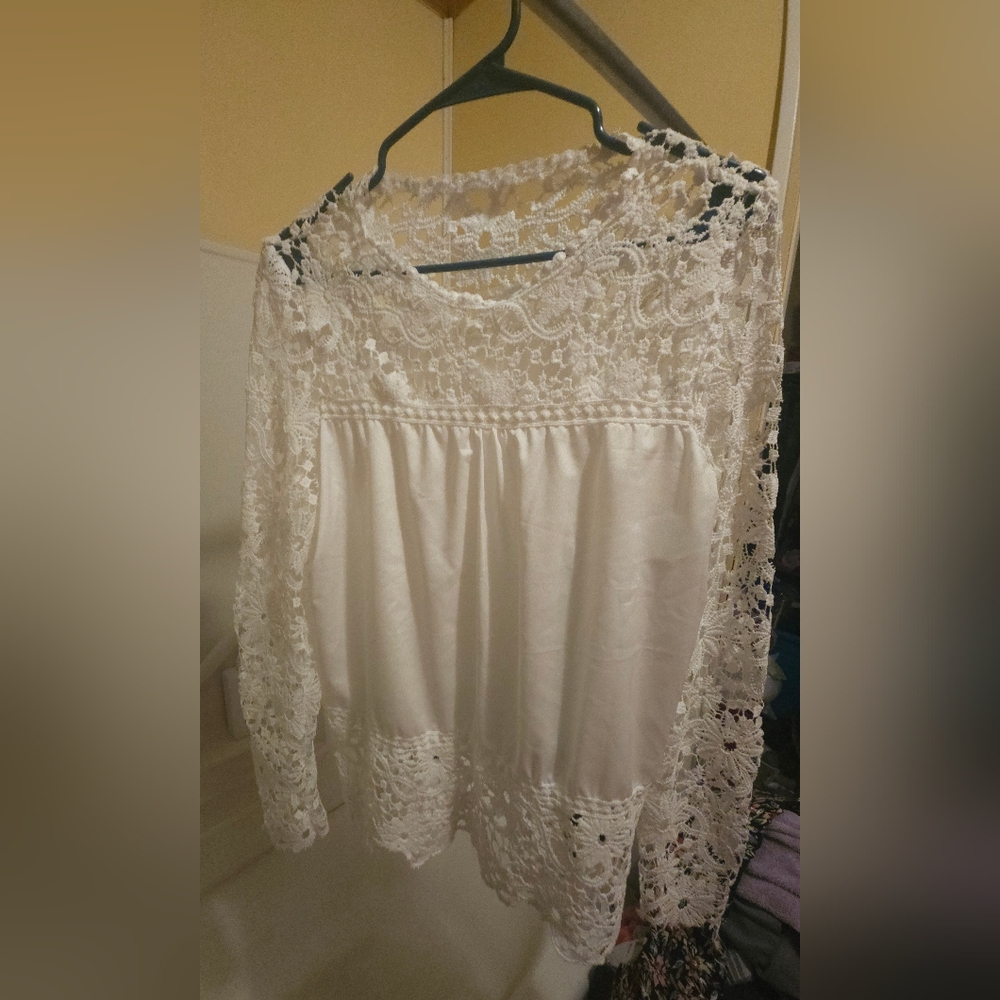 White Lace Bib Collar Blouse with Relaxed Fit
